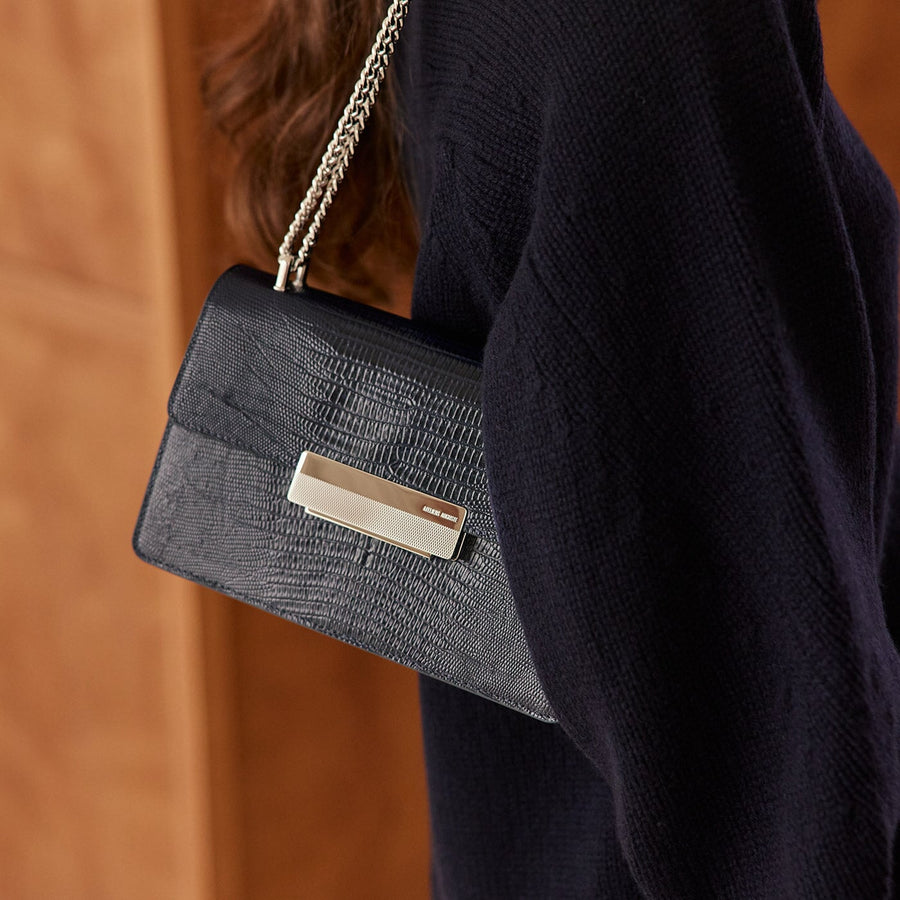 Alma Silver Edition - Cuir Embossé Lézard Bleu Nuit Ateliers Auguste