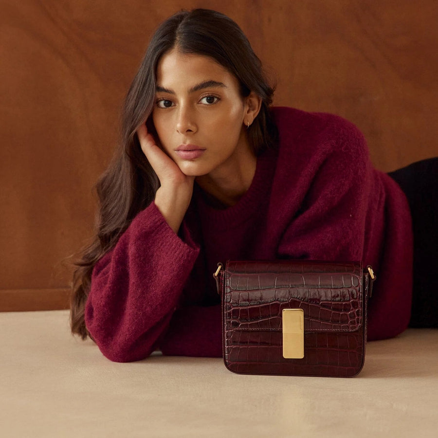 Mini Monceau Gold Edition - Cuir Embossé Croco Bordeaux Ateliers Auguste