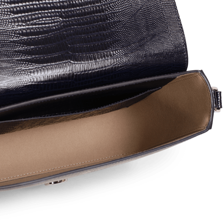 Monceau Baguette Silver Edition - Cuir Embossé Lézard Bleu Nuit Ateliers Auguste
